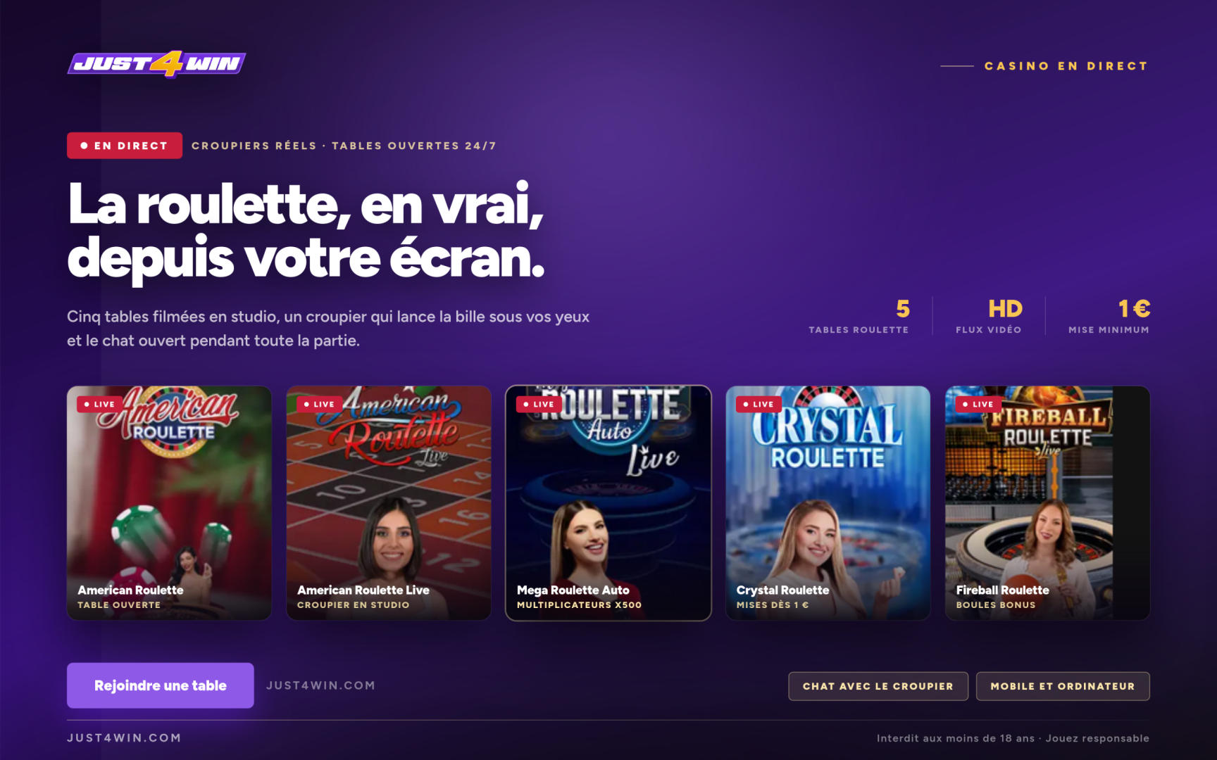 La roulette en direct sur Just4Win
